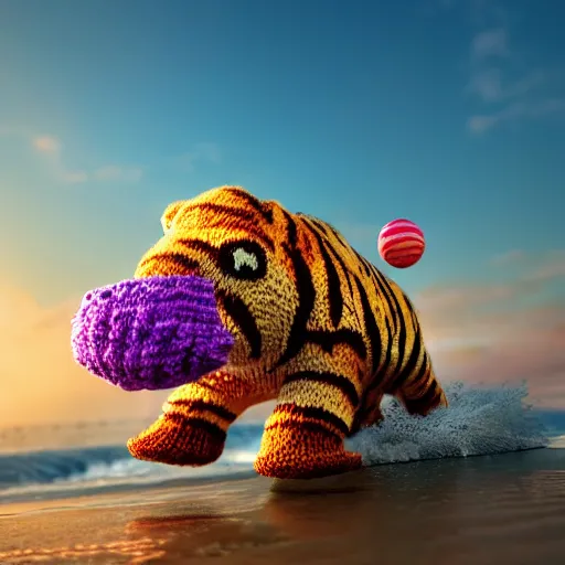 Image similar to a closeup photorealistic photograph of a cute smiling knitted tiger hippopotamus chasing a beachball at sunset. surf in the background. professional capture. this 4 k hd image is trending on artstation, featured on behance, well - rendered, extra crisp, features intricate detail, epic composition and the style of unreal engine.