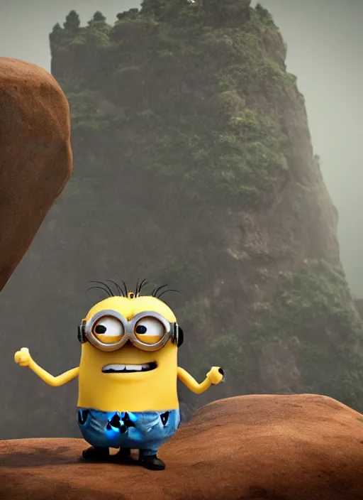 Prompt: king minion bob standing on a rock win posing in pixar style, smooth render, unreal engine 5, high - quality