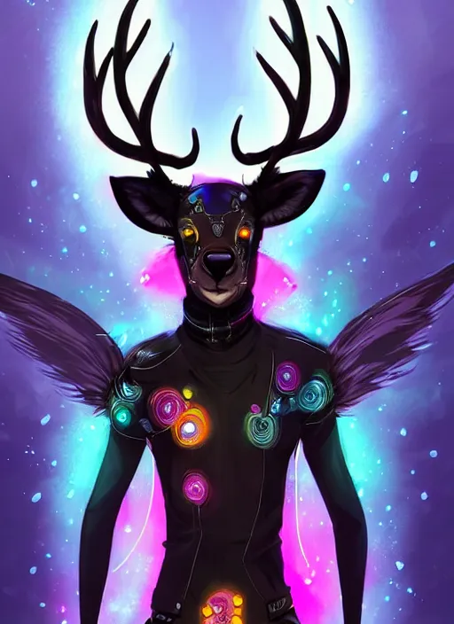 Image similar to award winning beautiful portrait commission of a male furry anthro Black Reindeer cyberpunk fursona with a tail, wings, wings, wings and a cute beautiful attractive detailed furry face wearing stylish black and rainbow galaxy clothes, outline, in a cyberpunk city at night while it rains. Character design by charlie bowater, ross tran, artgerm, and makoto shinkai, detailed, inked, western comic book art