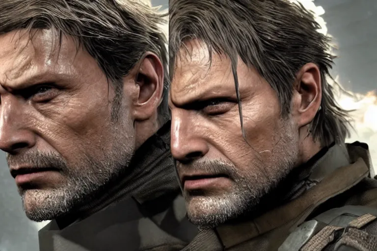 Prompt: Mads Mikkelsen as Solid Snake in Metal Gear Solid (2022), side view profile, high-quality 4k