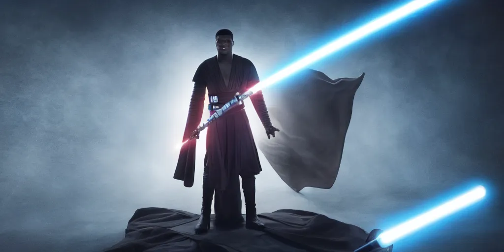 Image similar to Star Wars, Finn played by John Boyega wears jedi robes and wields lightsaber standing alone, full body shot, ultra realistic, 4K, movie still, UHD, sharp, detailed, cinematic, render