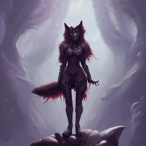 Image similar to anthropomorphic wolf woman wearing armor, digital painting, fantasy, ethereal, brooding, hellish background, concept art by peter mohrbacher, trending on artstation