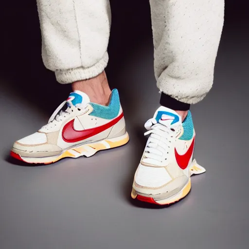 Image similar to a studio photoshoot of Nike air running sneakers designed by Tom Sachs, cream leather with knitted mesh material, gum rubber outsole, realistic, color film photography by Tlyer Mitchell, 35 mm, graflex