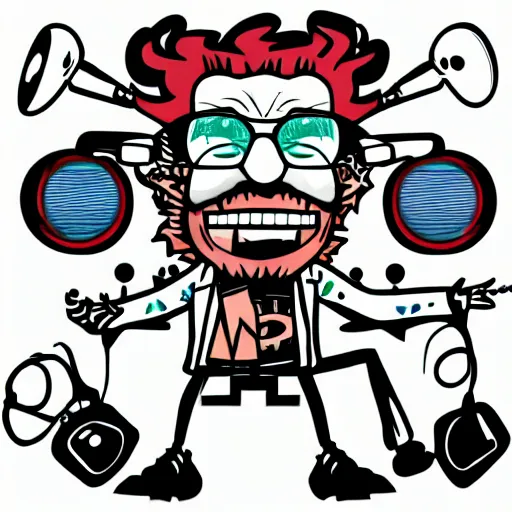 Image similar to svg vector sticker of absolutely insane-mad-scientist-villain, rocking out, wearing headphones, huge speakers, dancing, rave, DJ, spinning records, digital art, amazing composition, rule-of-thirds, award-winning, trending on artstation, featured on deviantart