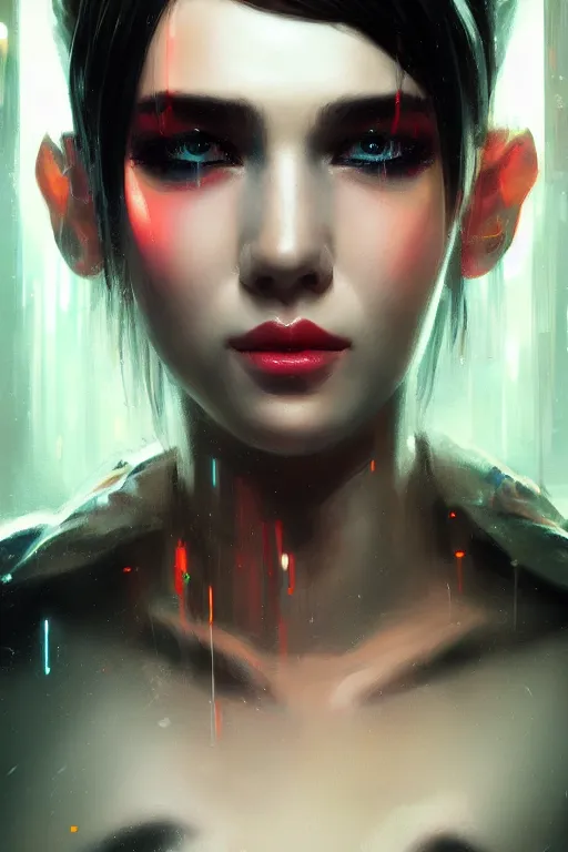 Prompt: jessica from bladerunner, seductive look, chromatic aberration, hyper realistic, highly detailed, digital painting, trending on artstation, concept art, sharp focus, illustration, art by wlop and artgerm and greg rutkowski and ayami kojima