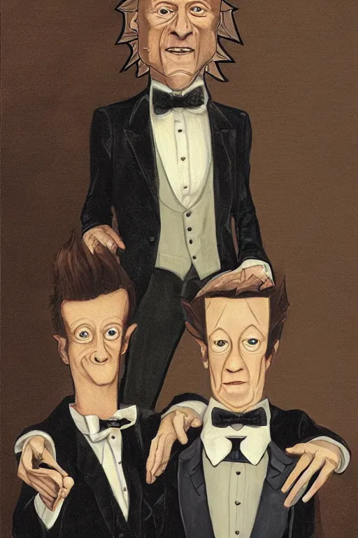 Prompt: a highly detailed, ultra-realistic portrait of Beavis and Butt-head in fancy clothes at a high-class party