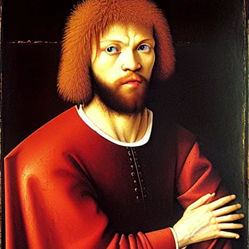 Image similar to portrait of the son of joel egerton health ledger christ pratt leonardo dicaprio, oil painting by jan van eyck, northern renaissance art, oil on canvas, wet - on - wet technique, realistic, expressive emotions, intricate textures, illusionistic detail