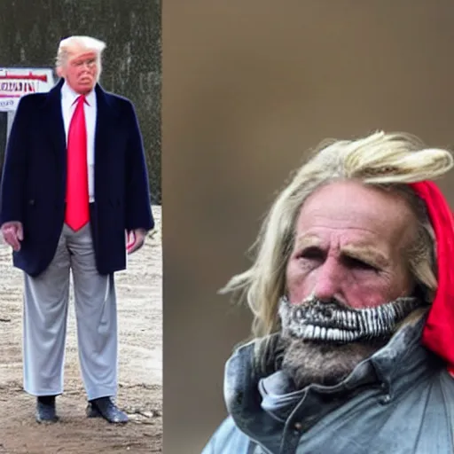 Image similar to donald trump dressed as a homeless man living in the slums