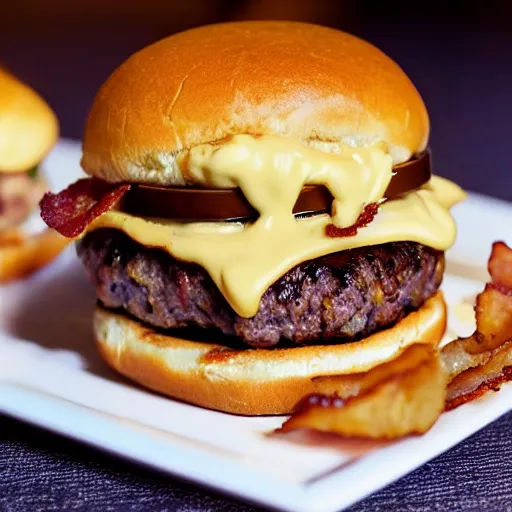 Image similar to perfect bacon cheese burger, award winning food photography, golden hour, holy