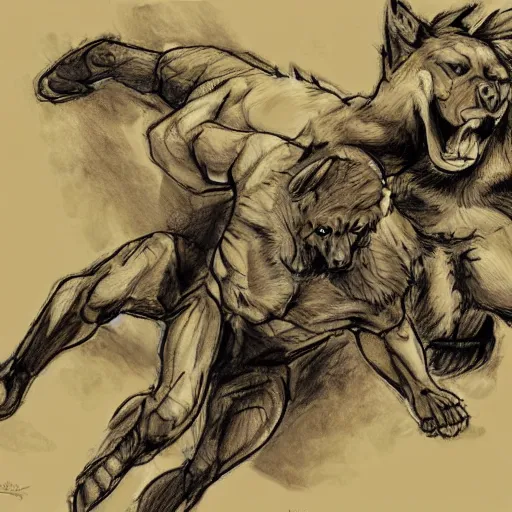 Prompt: a humanoid german shepherd beast - man wrestling with another german shepherd in the middle of an arena, pencil art, added detail, high definiton, colored, aerial viewyoji shinkawa