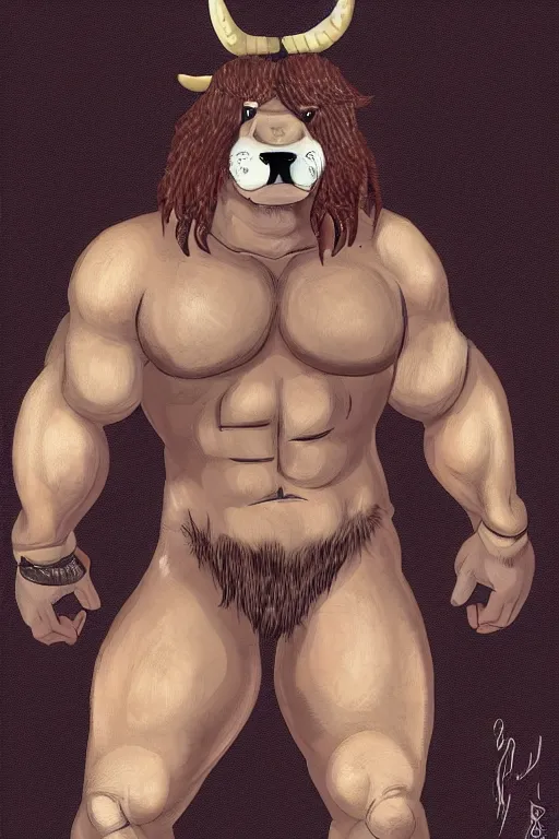 Image similar to portrait of a muscular bull man barbarian, fursona, furry art