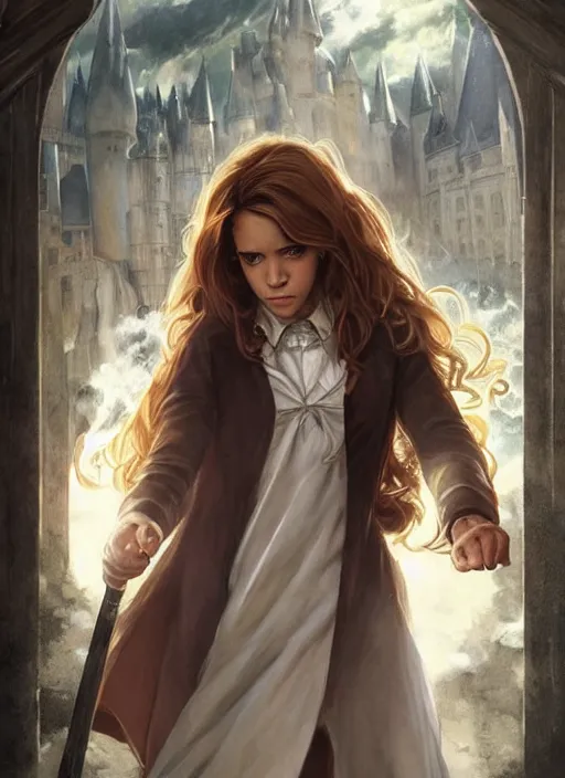 Image similar to hermione! granger! at hogwarts!! by emma watson. beautiful detailed face. by artgerm and greg rutkowski and alphonse mucha