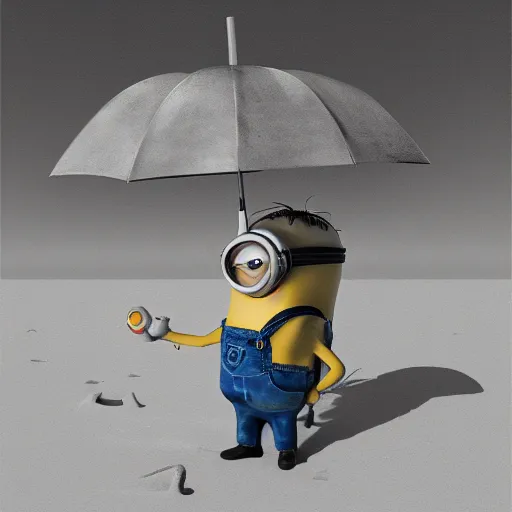 Image similar to an epic painting minion holding umbrella at the beach with silly face, pencil drawing, perfect composition, golden ratio, beautiful detailed, photorealistic, digital painting, concept art, smooth, sharp focus, illustration, artstation trending, octane render, unreal engine