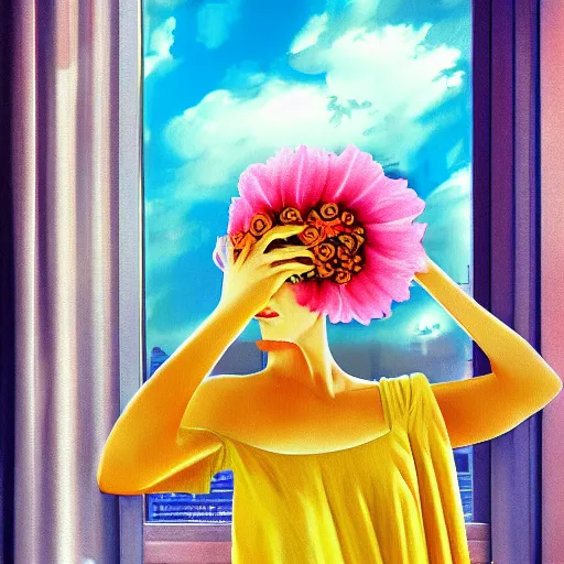 Image similar to giant flower under head, woman next to modern windows, luxury apartment, surreal photography, dramatic light, impressionist painting, digital painting, artstation, arthur adams