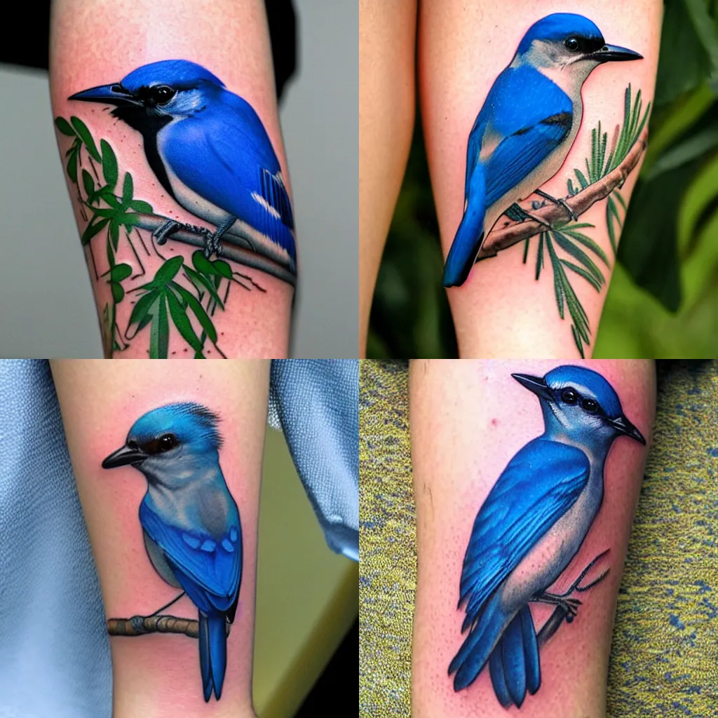 Prompt: tattoo of a California scrub jay, nature illustration tattoo, tattoo, tattoo