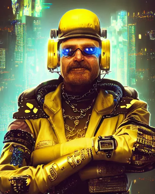 Prompt: an intimate portrait of a gnarly human cyberpunk captain, old skin, faded hat, charming, strong leader, visor, a look of cunning, big smile, detailed matte fantasy painting, golden cityscape, lasers, chains, sparks, yellow and blue and cyan