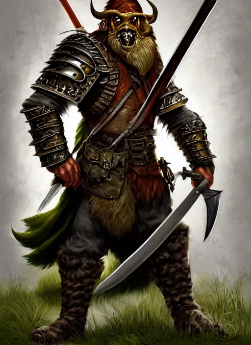 Image similar to strong young man, photorealistic bugbear ranger holding a flaming sword, black beard, dungeons and dragons, pathfinder, roleplaying game art, hunters gear, jeweled ornate leather and steel armour, concept art, character design on white background, by alan lee, norman rockwell, makoto shinkai, kim jung giu, poster art, colours red and green