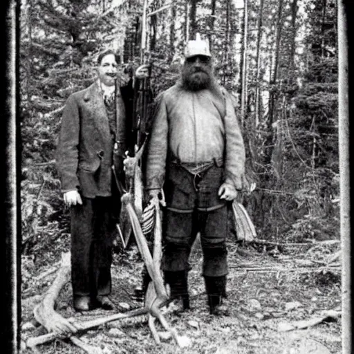 Image similar to an old photograph of hunters proudly standing beside a dead bigfoot