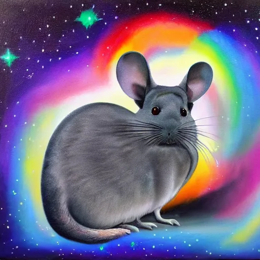 Image similar to oil painting of chinchilla with mean look in space with galaxy in background pooping rainbox jellybeans, rainbow jellybeans under chinchilla's tail