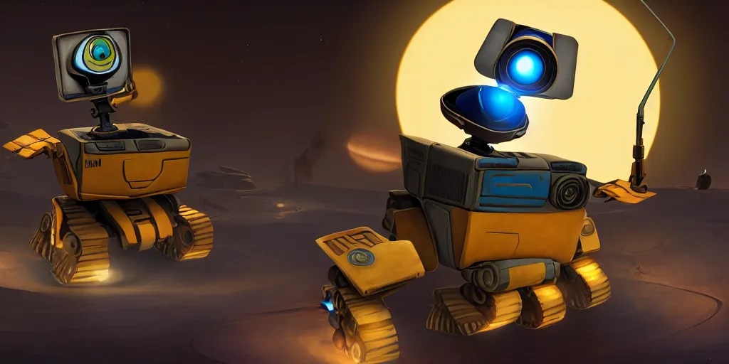 Prompt: selfie of wall - e as a outer wilds character, outer wilds screenshot, unreal engine, digital art