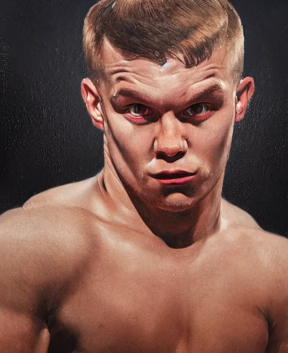 Image similar to portrait of a handsome young swedish wrestler, art by denys tsiperko and bogdan rezunenko, hyperrealism