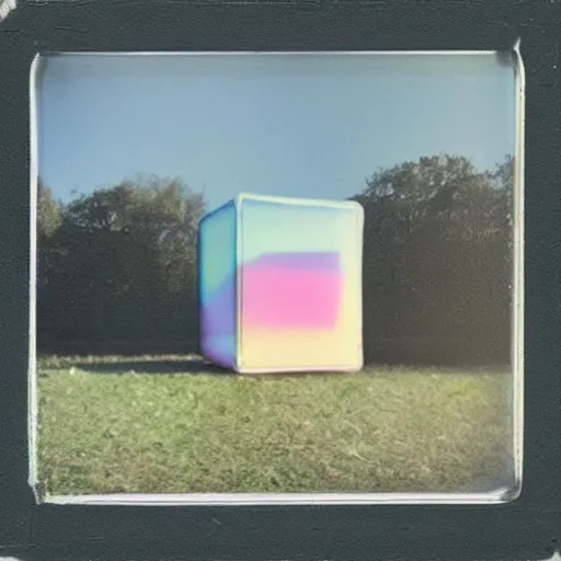 Image similar to a pastel coloured Polaroid photo of a large cube made of transparent iridescent perspex stood in a field, beams of light, nostalgic