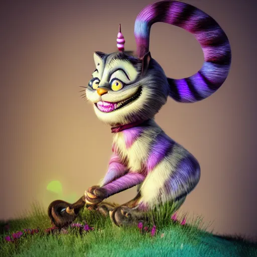 Image similar to smiling cheshire cat, doll figurine, alice in wonderland theme, octane render 8 k, disney inspired landscape, artstation, cinematic lighting, hd, ultra realistic