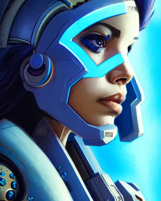 Image similar to echo from overwatch, blue hologram female face, character portrait, portrait, close up, concept art, intricate details, highly detailed, vintage sci - fi poster, retro future, in the style of chris foss, rodger dean, moebius, michael whelan, and gustave dore