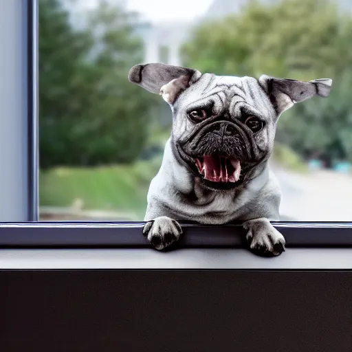 Image similar to ultrawide photo of dog near aluminium window, 8k,