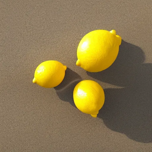 Prompt: a lemon in shape of a human with legs of lemons and round body, arms of lemons, it's relaxing on a beach, volumetric light