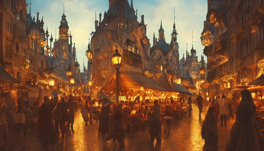 Image similar to medieval city festival near lake at night, beautiful lit lamps, 8 k highly detailed art, intricate, stanley lau, artgerm, artstation, smooth, far shot, wlop, alphonse mucha, cinematic shot, cinematic lighting