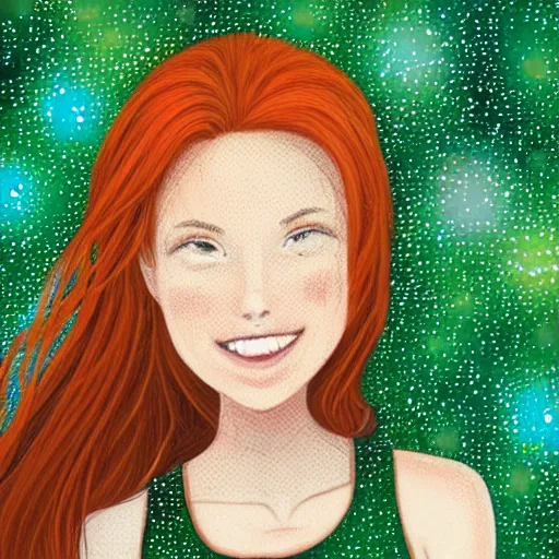 Image similar to portrait of a red haired girl softly smiling among fireflies, with long hair, green eyes, round face, hint of freckles, colorful pixel art