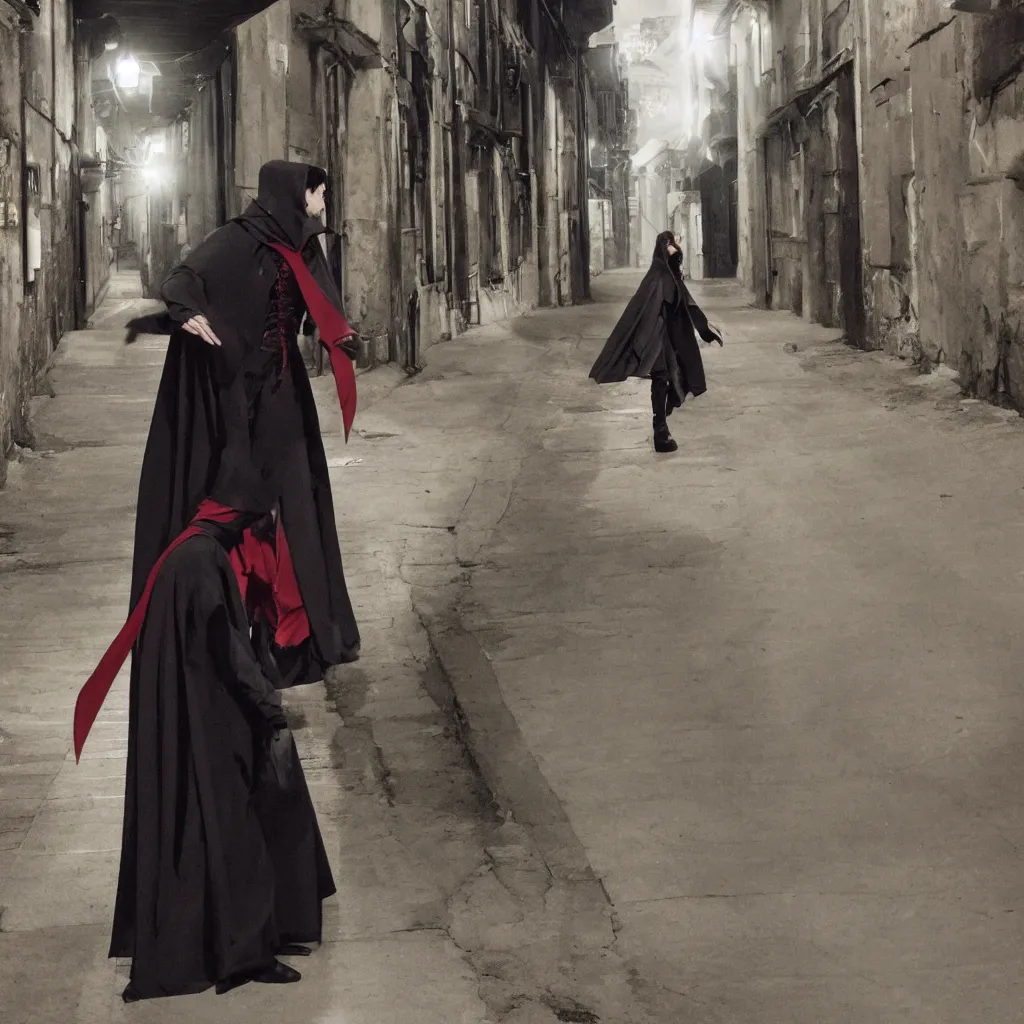 Image similar to a vampire thief wearing a cloak and covered in bandages walking through an alley.