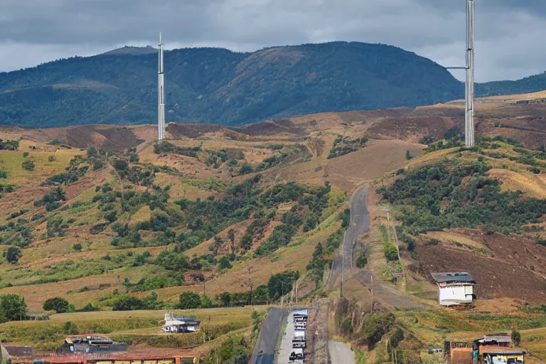 Image similar to looking down road, warehouses lining the road. hills background with radio tower on top. telephoto lens compression.