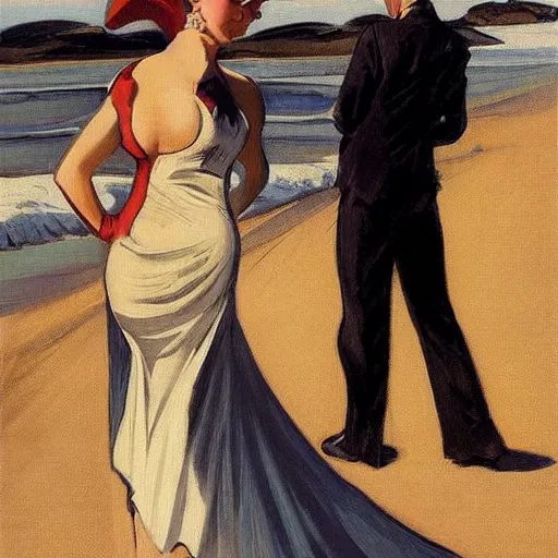 Image similar to woman in black dress on the beach, leyendecker style,