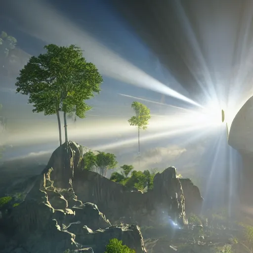 Image similar to cyber tectonic organic mystical megastructure luminous crystal architectures in the sky like the tree of life, by albert bierstadt, by glen small, by giovanni battista piranesi, photorealistic, god rays, octane render, depth of field, volumetric light, volumetric fog, holy spirit, jazz, flow, harmony, groove, peace, love