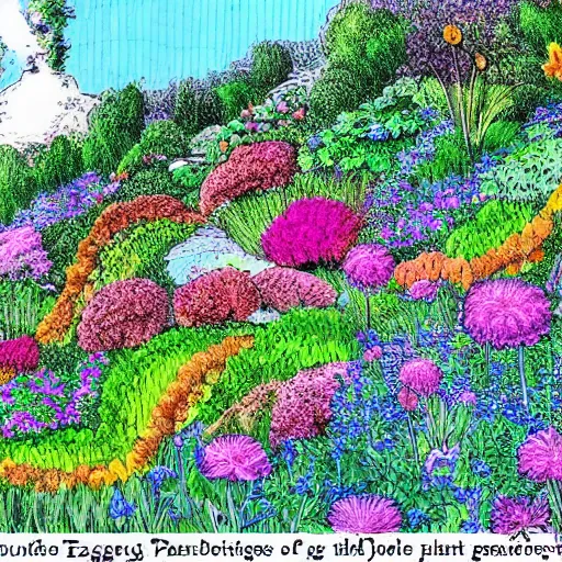 Image similar to a patent drawing of a gorgeous garden on the edge of a cliff filled with beautiful flowers of all colors and from all around the world