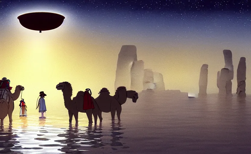 Image similar to a cell - shaded studio ghibli concept art of a hovering ufo shining a spotlight on a camel caravan in a flooded stonehenge desert on a misty starry night. very dull colors, hd, 4 k, hq