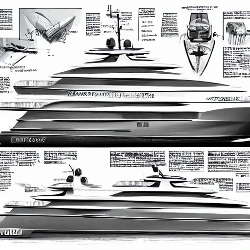 Prompt: sketches of super yacht, on full page, technical, detailed