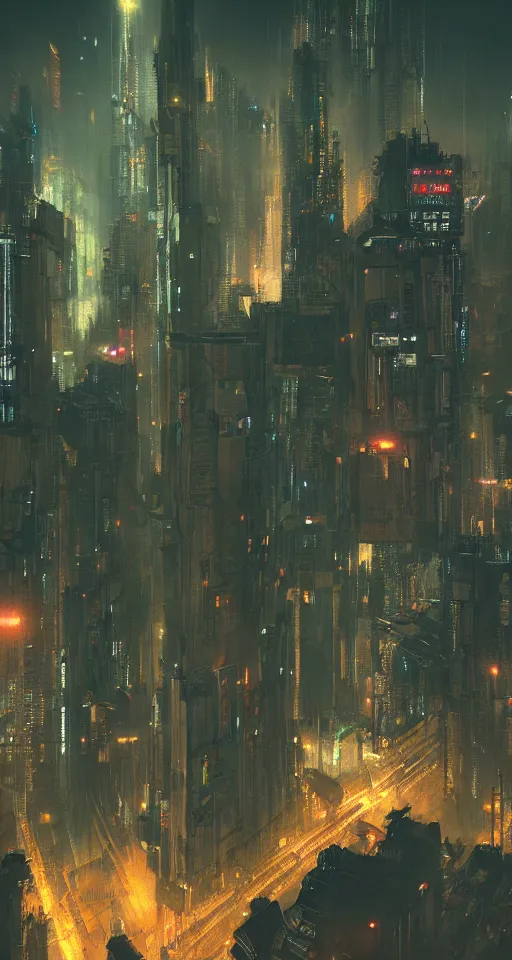 Image similar to cyberpunk city in the night seen from above, cityscape, mist, rain, artstation, greg rutkowski