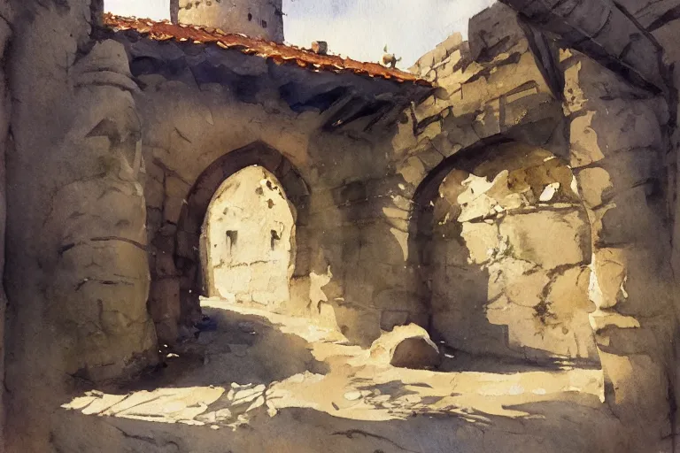 Image similar to small centered on watercolor paper, paint brush strokes, abstract watercolor painting of medieval city entrance, outside stone walls, rough rock, heavy port, cinematic light, national romanticism by hans dahl, by jesper ejsing, by anders zorn, by greg rutkowski, by greg manchess, by tyler edlin