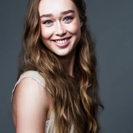 Image similar to alycia debnam carey smiling while posing for a photo, award winning photography, HDR, studio lighting, dynamic pose, medium close shot, shot on Canon EOS R5, f/2.5,