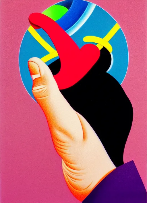 Image similar to a men balancing shapes on his finger by shusei nagaoka, kaws, david rudnick, airbrush on canvas, pastell colours, cell shaded!!!, 8 k