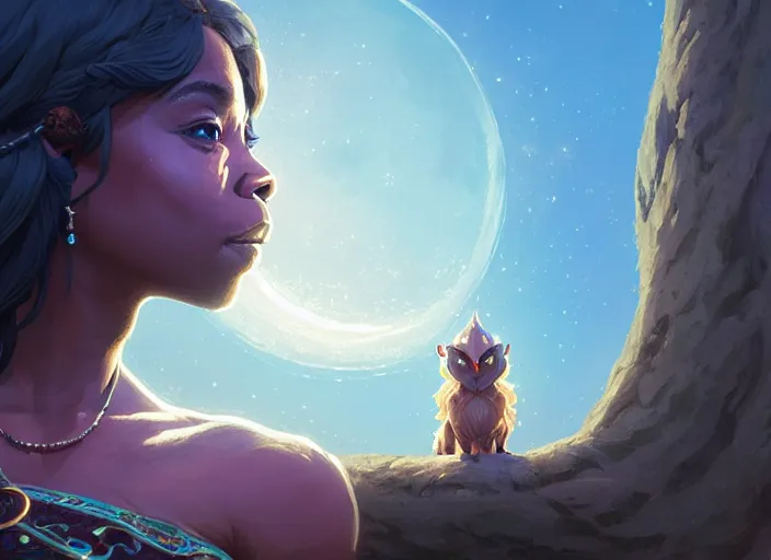 Image similar to highly detailed surreal vfx portrait portrait of regina hall as a moon goddess in breath of the wild, stephen bliss, unreal engine, fantasy art by greg rutkowski, loish, rhads, ferdinand knab, makoto shinkai and lois van baarle, ilya kuvshinov, rossdraws, tom bagshaw, global illumination, radiant light, detailed and intricate environment