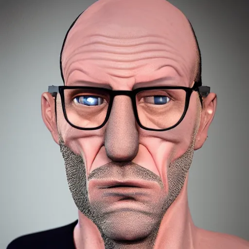 Image similar to A middle-aged Dr. Venture in real life with a hooked nose, a long gaunt face and skinny body and neck, very thin and bald, realistic, very realistic, hyperrealistic, highly detailed, very detailed, extremely detailed, detailed, digital art, oil painting, trending on artstation, headshot and bodyshot, detailed face, very detailed face, extremely detailed face, HD Quality, 8k resolution, very very detailed face, real life