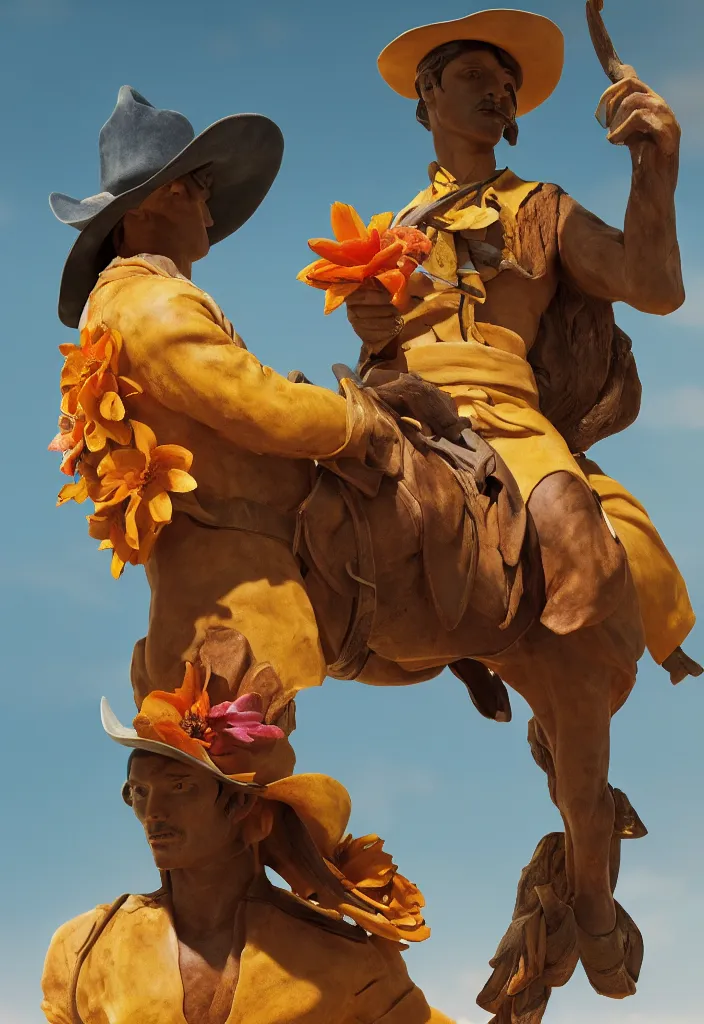 Image similar to A cowboy turning into blooms. A cowboy made of tropical sea slugs. complementary colors. national geographic. 8k, rendered in octane, smooth gradients. sculpture by antonio canova