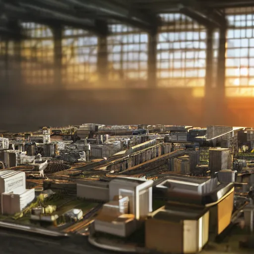 Image similar to crane shot of large group people in warehouse interior, looking at hologram of futuristic city on a table, cinematic still, godrays, golden hour, natural sunlight, 4 k, clear details, tabletop model buildings, tabletop model, ethereal hologram center, crane shot, crane shot, rule of thirds, people, people