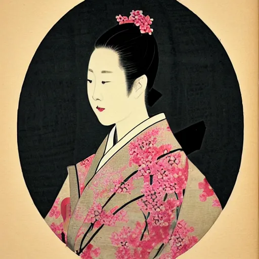 Prompt: a Portrait up to the chest, a Japanese woman, smooth, wearing a kimono made of cherry blossoms, created by Raffaello Sanzi.