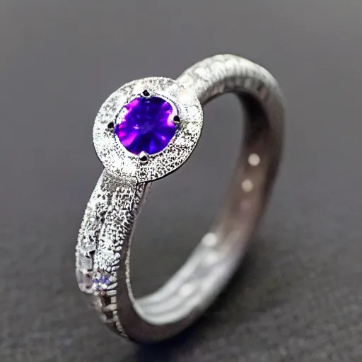 Prompt: a beautiful engagement ring made out of silver and purple fire, high quality, photo realistic, detailed, 8k