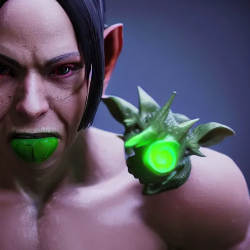 Image similar to goblin, green skin, ffxiv, final fantasy 1 4 screenshot, octane render, 8 k, fantasy